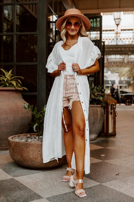 Street Fashion Style RILEY BUTTON DOWN MAXI KIMONO IN WHITE