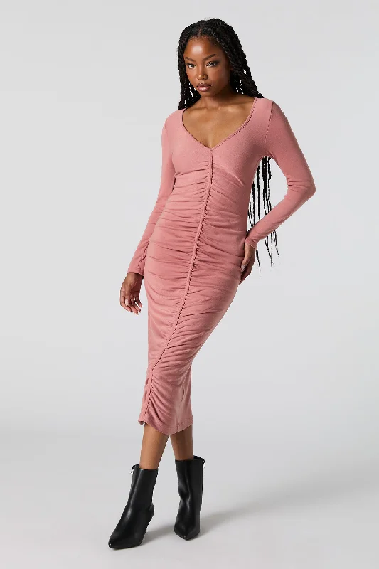 Street Casual Style Ruched V-Neck Long Sleeve Midi Dress