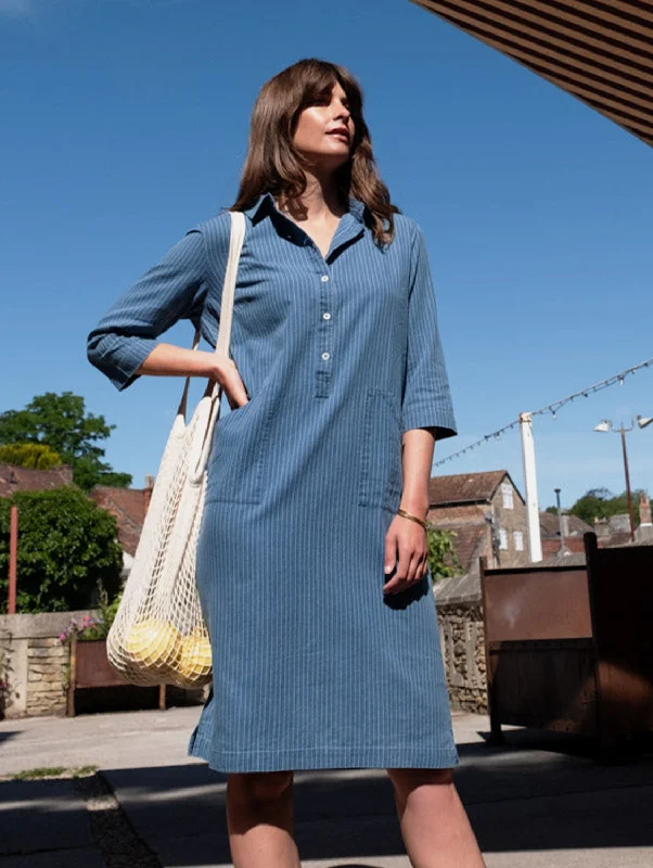 Relaxed Dresses Tara Women's Cotton Shirt Dress | Denim Stripe
