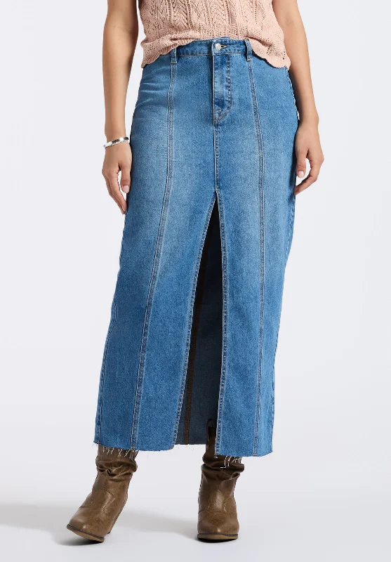 Retro Style Mid Waist Maxi Skirt Sylvie, Whiskered and Worn Indigo - BL16031